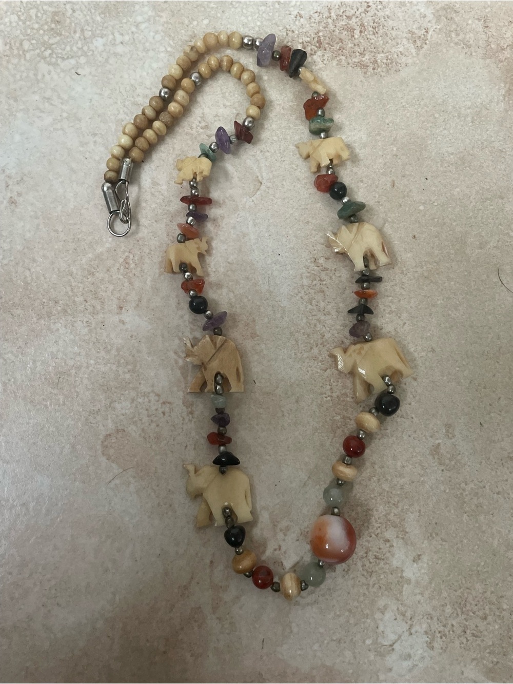 Vintage Carved Colorful Ivory Elephants & Beaded Stones  Pendant /Necklace